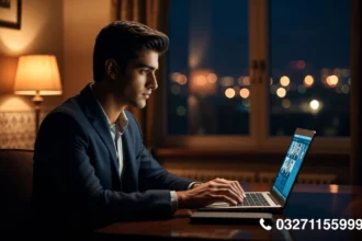 Man booking a private video call service in Islamabad on laptop — discreet online companionship guide