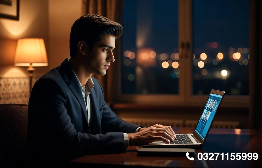 Man booking a private video call service in Islamabad on laptop — discreet online companionship guide